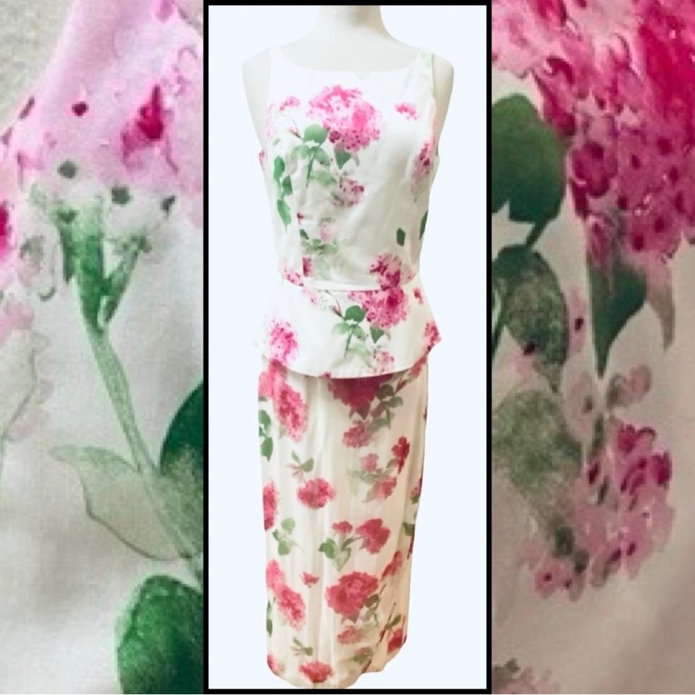 MICHELLE LACY USA Ivory Sateen Cotton Silk Chiffon Pinks Floral 2pc Top Skt 10